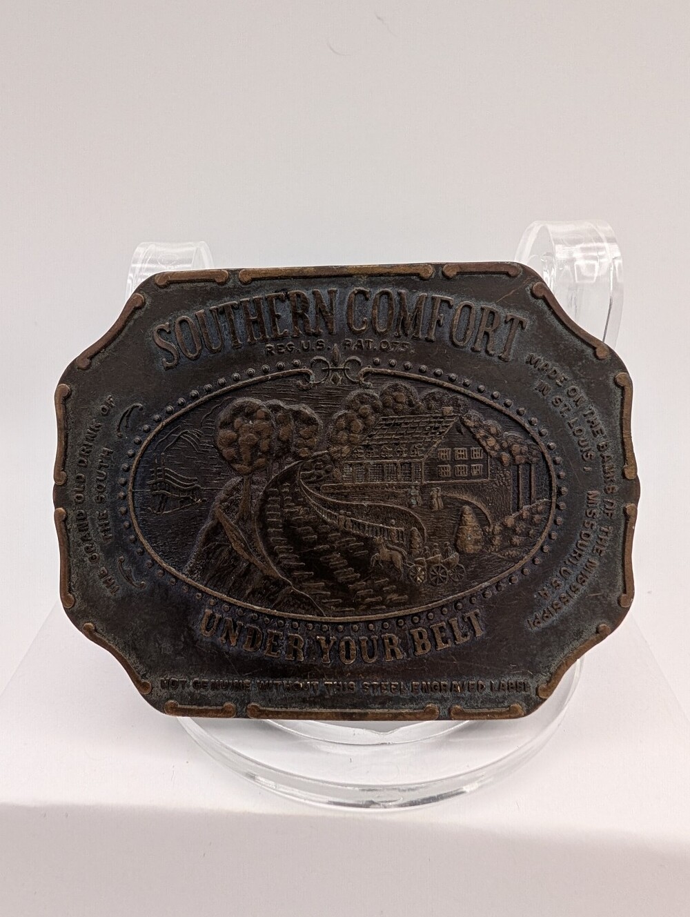 Vintage 1970s Belt Buckle Southern Comfort Under Your Belt, Bronze Finish